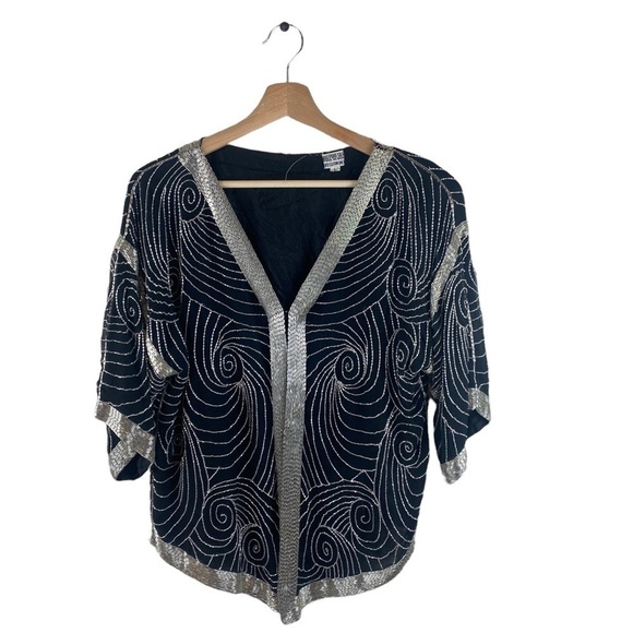 Vintage Silk Beaded Jacket Black and Silver Size Large - Picture 1 of 8